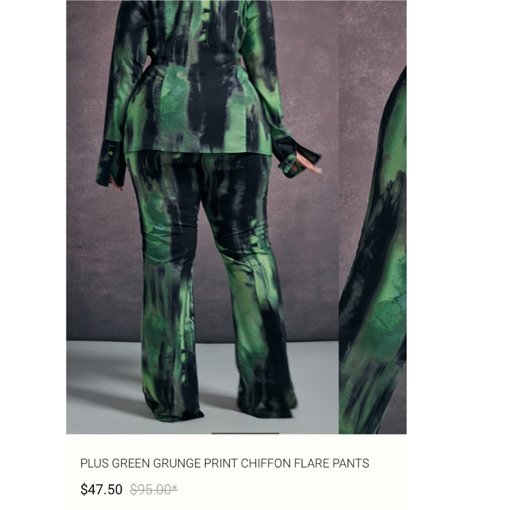 NWT PRETTY LITTLE THING Plus Green Grunge Print Chiffon Flare Pants SIZE 16 - Picture 3 of 10